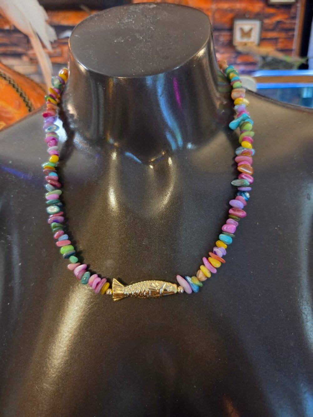 Unisex Vintage Multi-Color Shell Chip Statement Necklace Fish S.Steel GORGEOUS!!